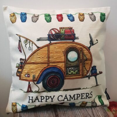 Caravan- Retro- Vintage- Linen cushion covers- Home decor- Gift ideas- Happy Camper.