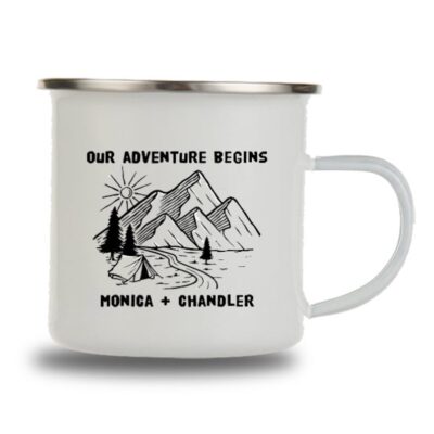 Personalised Enamel Camping Cup w/ Silver Rim “Our Adventure Begins” Mug