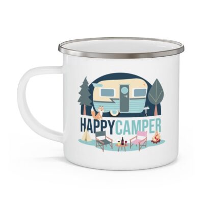 Personalised Happy Camper Enamel Mug, Custom Camper Mug, Camping Mug