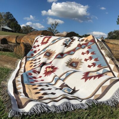 Large Cream White Tropical Green Tribal Indian Cotton Throw Blanket