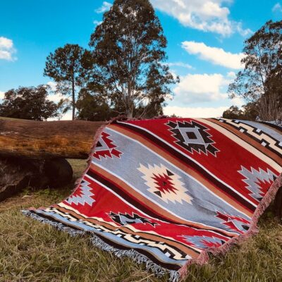Red Grey Campfire Theme Native Indian Tribal Cotton Blanket