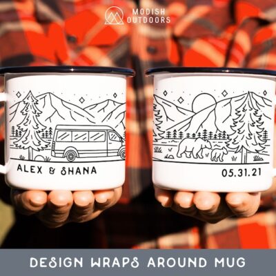 Camper Van Enamel Mug, Personalized Vanlife Gift for Couples, Custom Camper RV Accessories, Rustic Mountain Camping Gifts