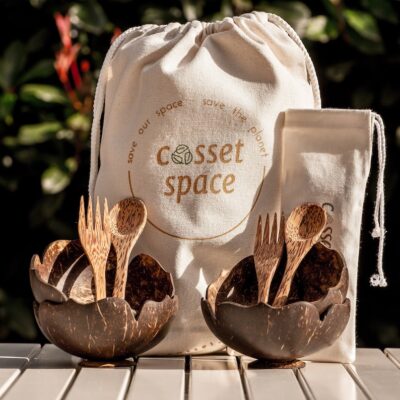 Combo 2 & 4 Coconut Flower Plates/ Wooden Cutlery, Handmade Natural Plate, Eco Buddha Vegan Bowl Gift, FREE Travel bag | Camping Dinner Set