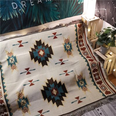 All Sz Cream Native Indian Tribal Cotton Throw Blanket