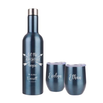 Personalised 3 Piece Insulated Wine Traveller Gift Set | Custom Text Names Last name Date | Wedding Engagement New Home Party Beach Picnic