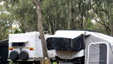 Caravans and tents set up for camping in a lush, wooded area.